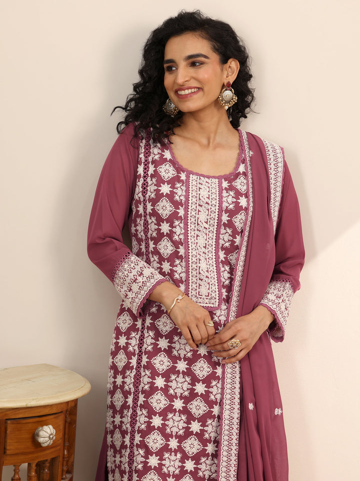 Libas Art Pink Embroidered Georgette Straight Suit Set With Dupatta