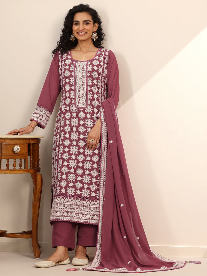 Libas Art Pink Embroidered Georgette Straight Suit Set With Dupatta