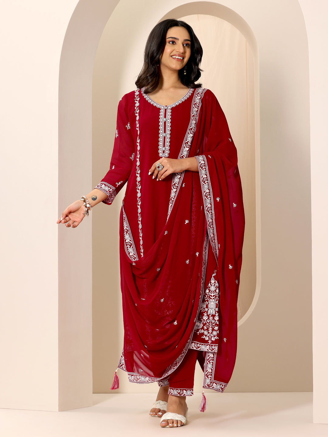 Red Embroidered Georgette Straight Suit Set With Dupatta