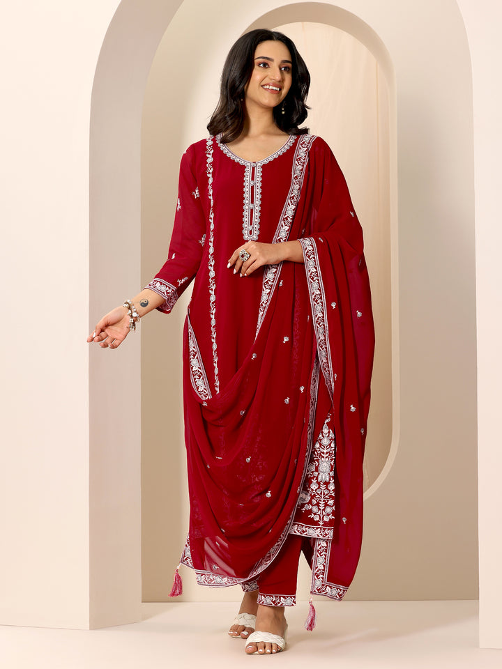 Red Embroidered Georgette Straight Suit Set With Dupatta