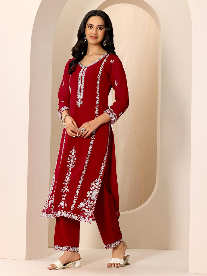 Red Embroidered Georgette Straight Suit Set With Dupatta