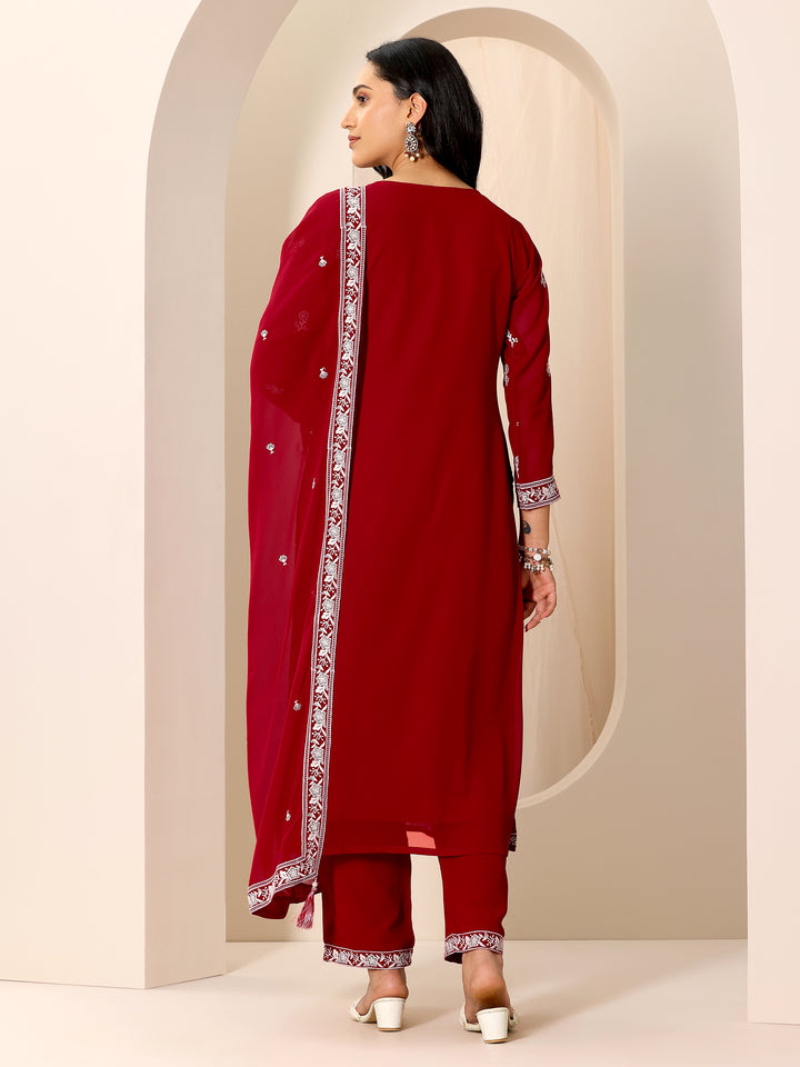 Red Embroidered Georgette Straight Suit Set With Dupatta