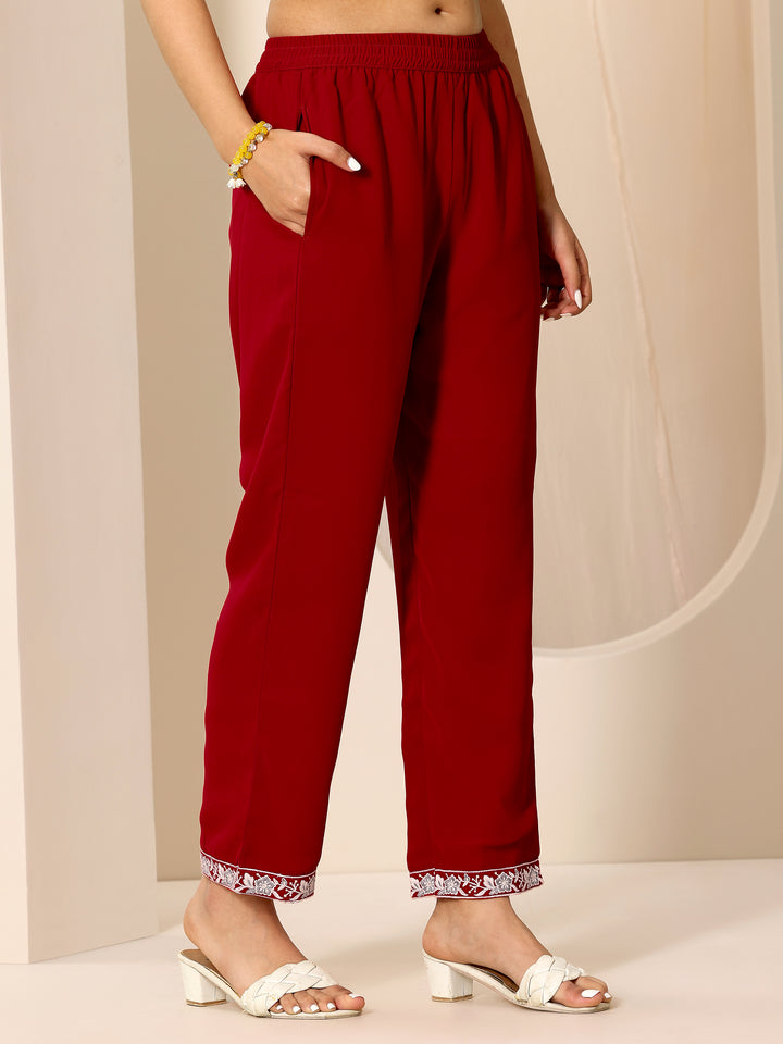 Red Embroidered Georgette Straight Suit Set With Dupatta