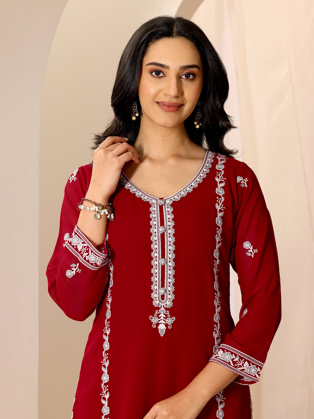 Red Embroidered Georgette Straight Suit Set With Dupatta