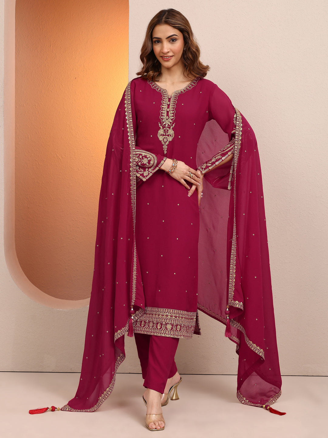 Pink Embroidered Georgette Straight Suit Set With Dupatta