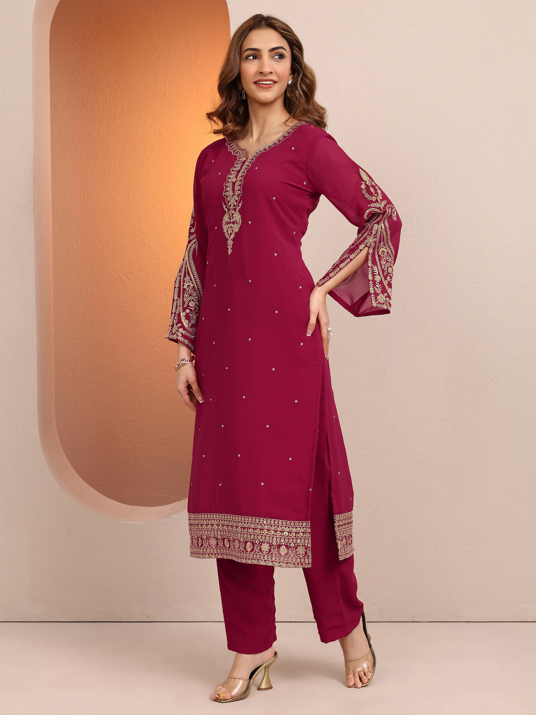 Pink Embroidered Georgette Straight Suit Set With Dupatta