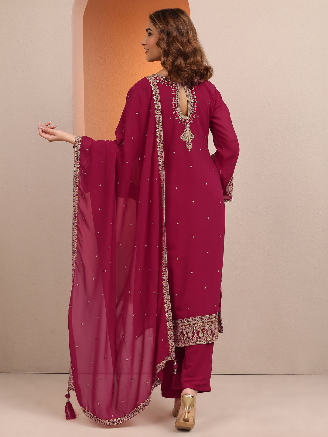 Pink Embroidered Georgette Straight Suit Set With Dupatta