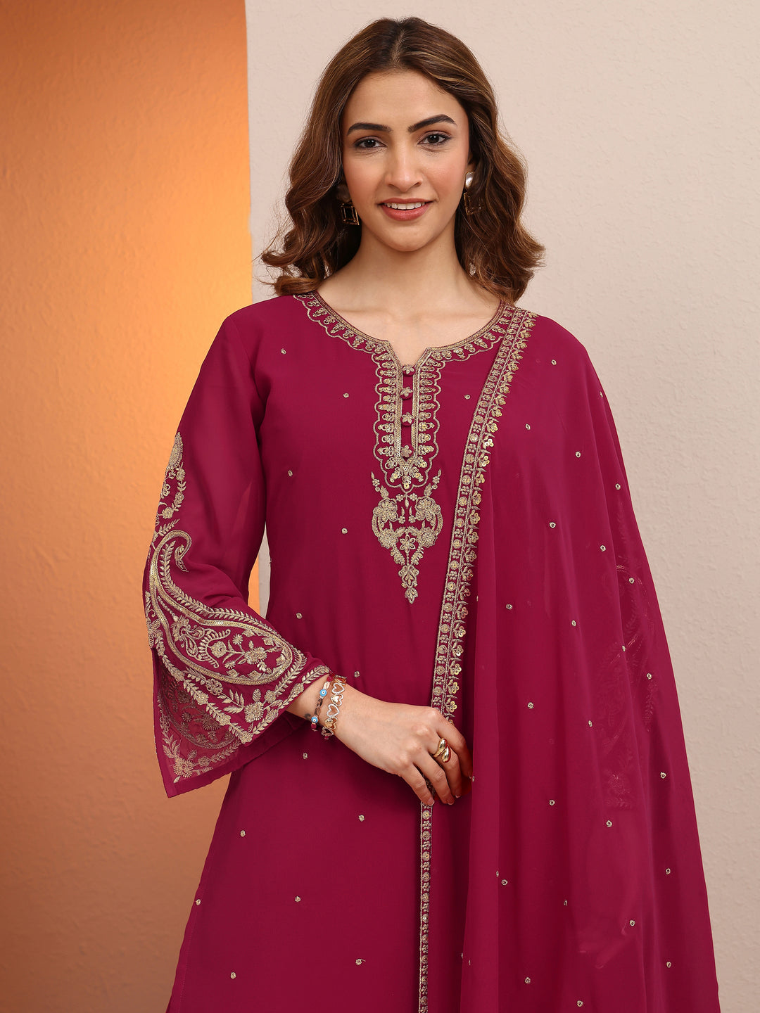 Pink Embroidered Georgette Straight Suit Set With Dupatta