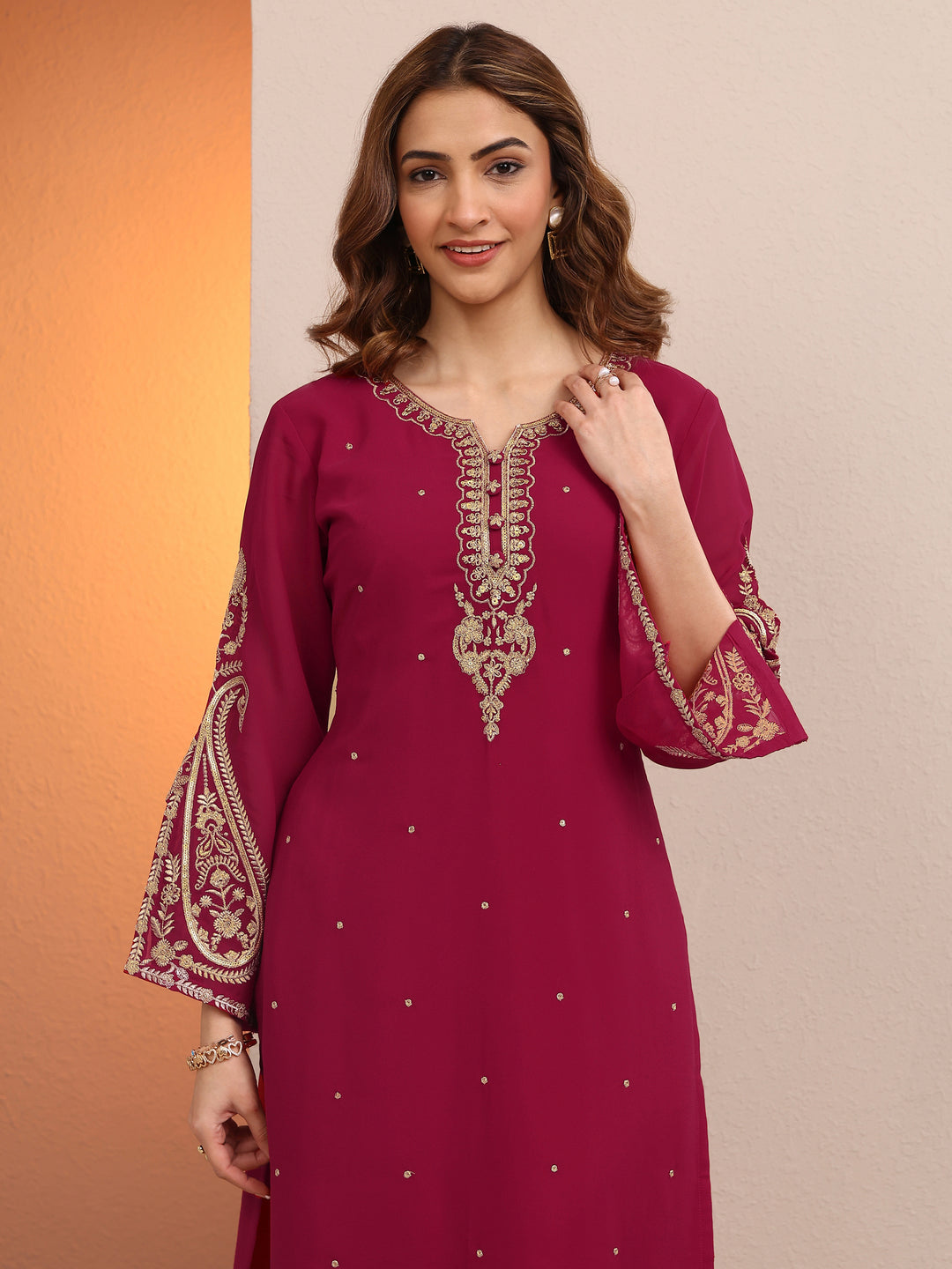 Pink Embroidered Georgette Straight Suit Set With Dupatta