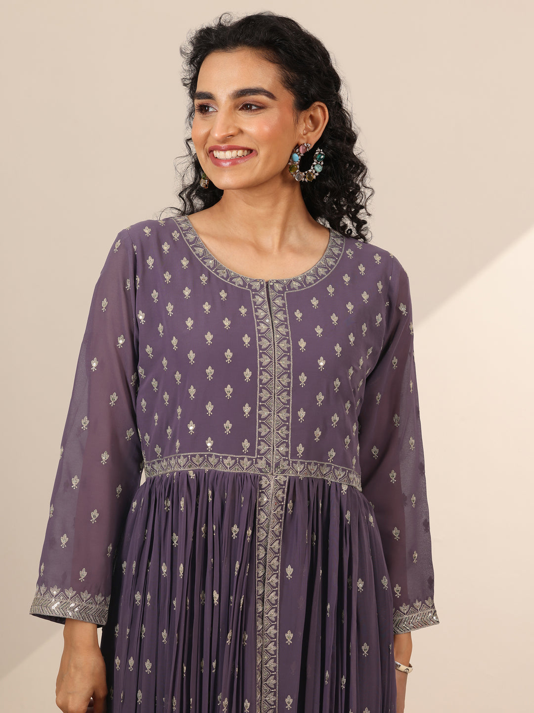 Libas Art Lilac Embroidered Georgette A-Line Suit Set With Dupatta
