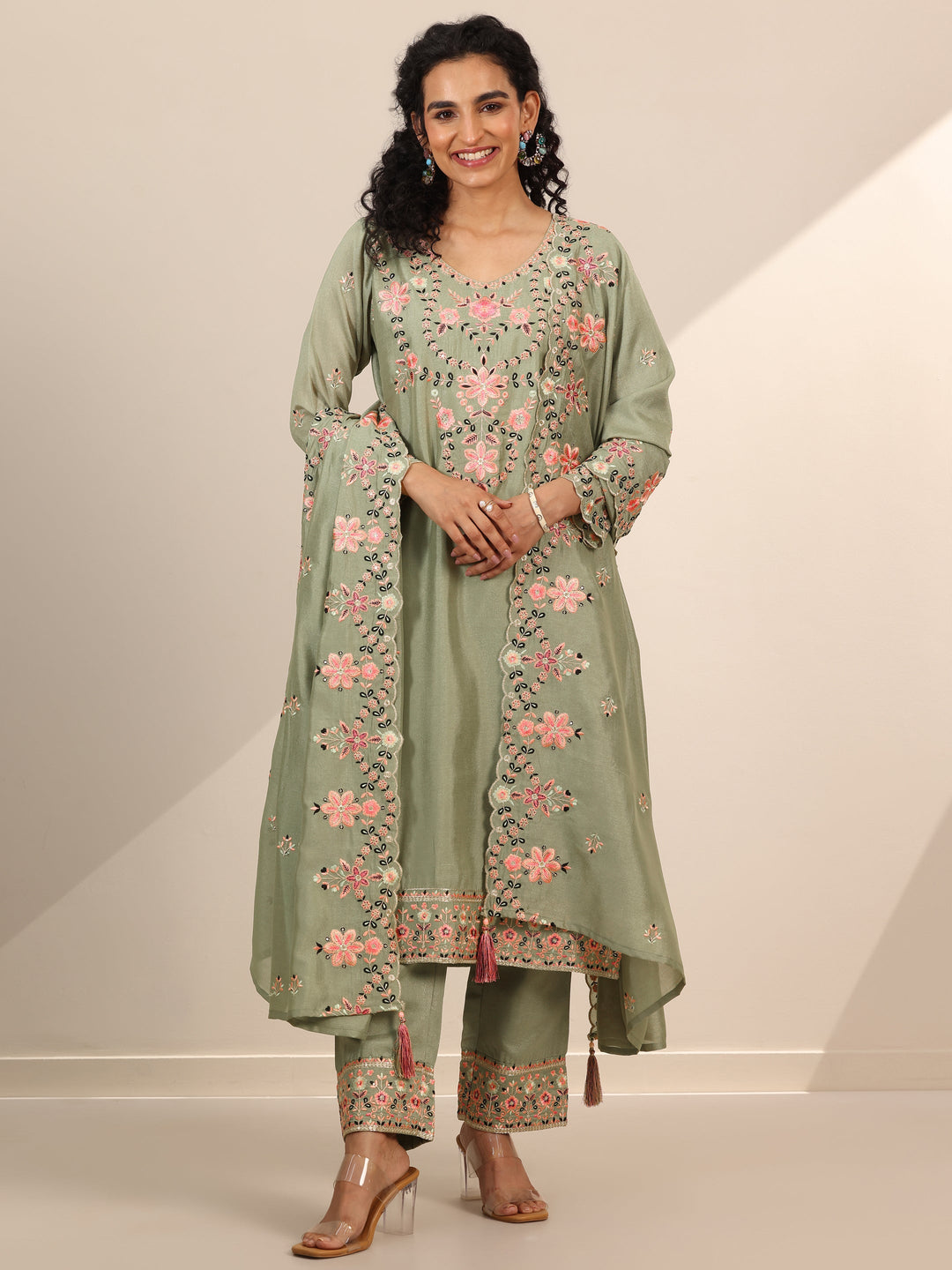 Libas Art Green Embroidered Silk Blend Straight Suit Set With Dupatta