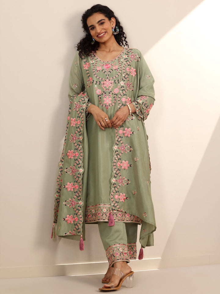 Libas Art Green Embroidered Silk Blend Straight Suit Set With Dupatta