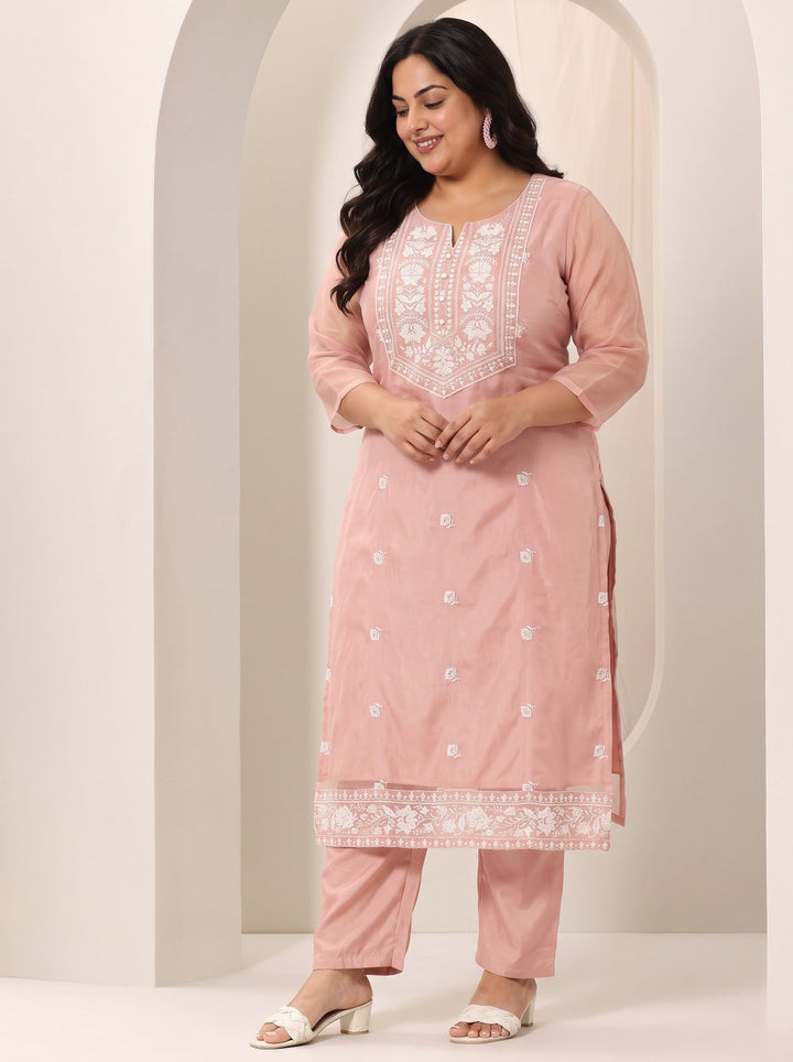 Plus Size Peach Embroidered Organza Straight Suit Set With Dupatta