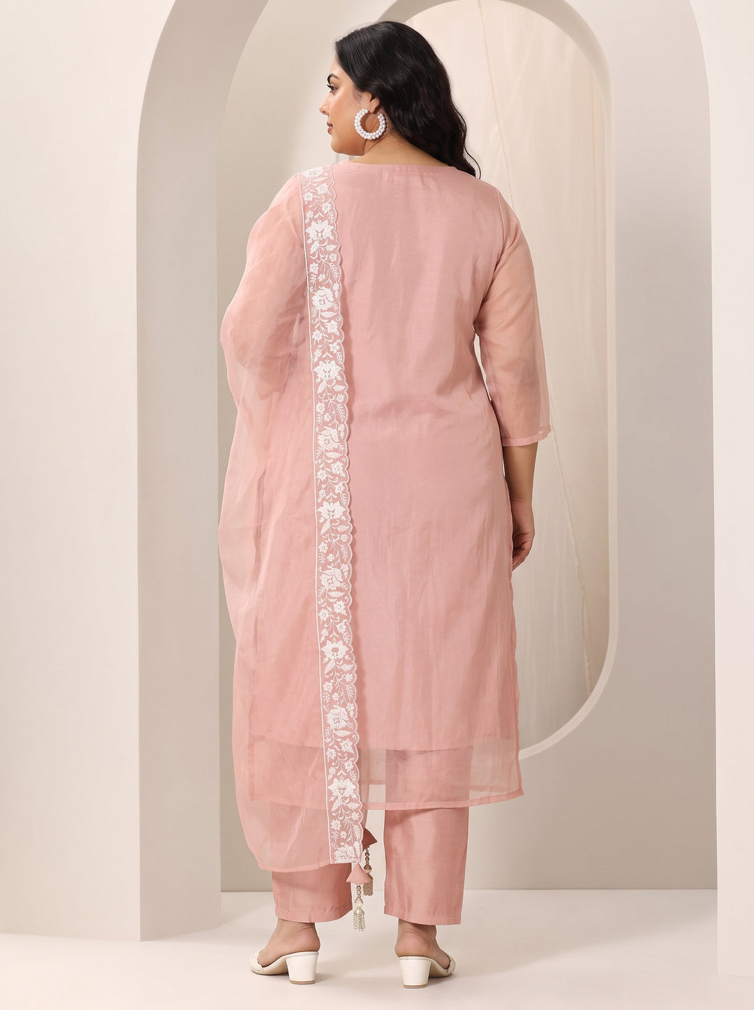 Plus Size Peach Embroidered Organza Straight Suit Set With Dupatta