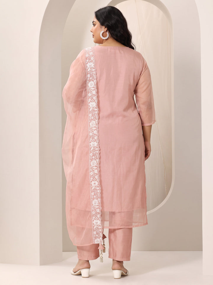 Plus Size Peach Embroidered Organza Straight Suit Set With Dupatta