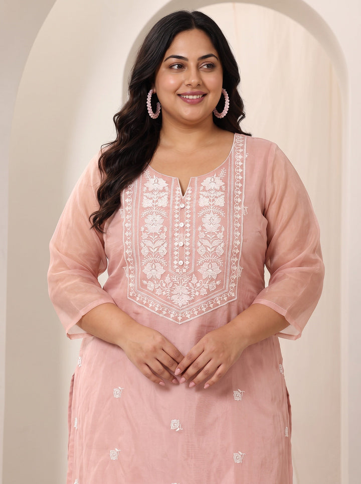 Plus Size Peach Embroidered Organza Straight Suit Set With Dupatta