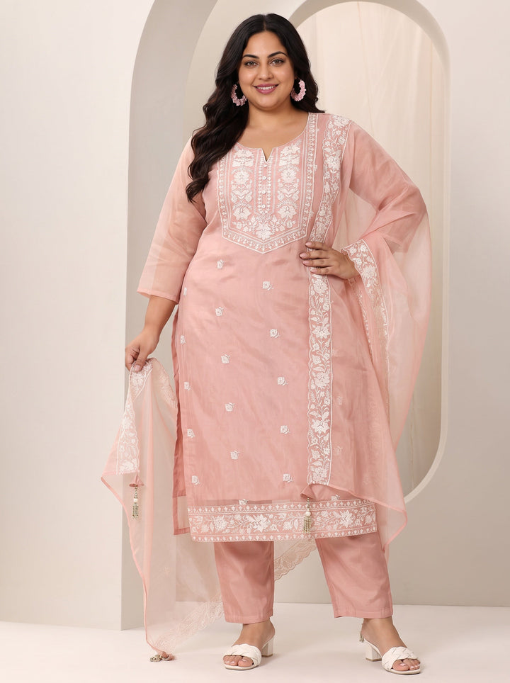 Plus Size Peach Embroidered Organza Straight Suit Set With Dupatta
