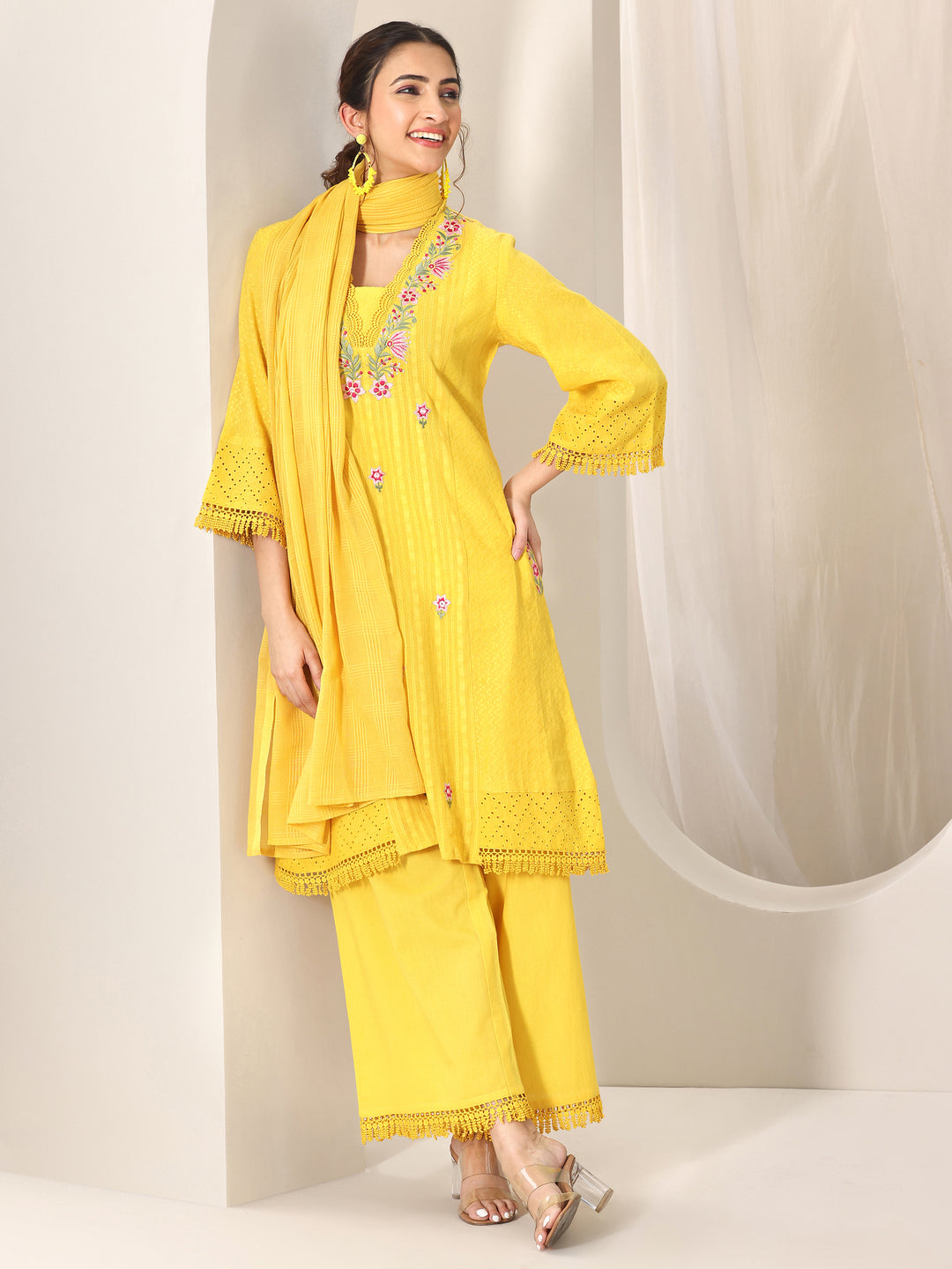 Yellow Embroidered Cotton Straight Suit Set With Dupatta