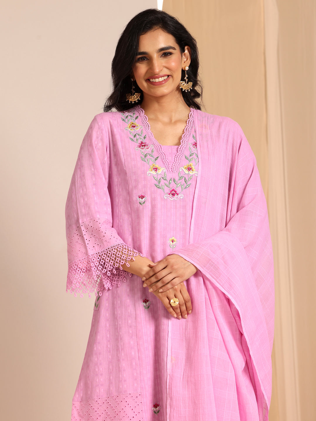 Lavender Embroidered Cotton Straight Suit Set With Dupatta