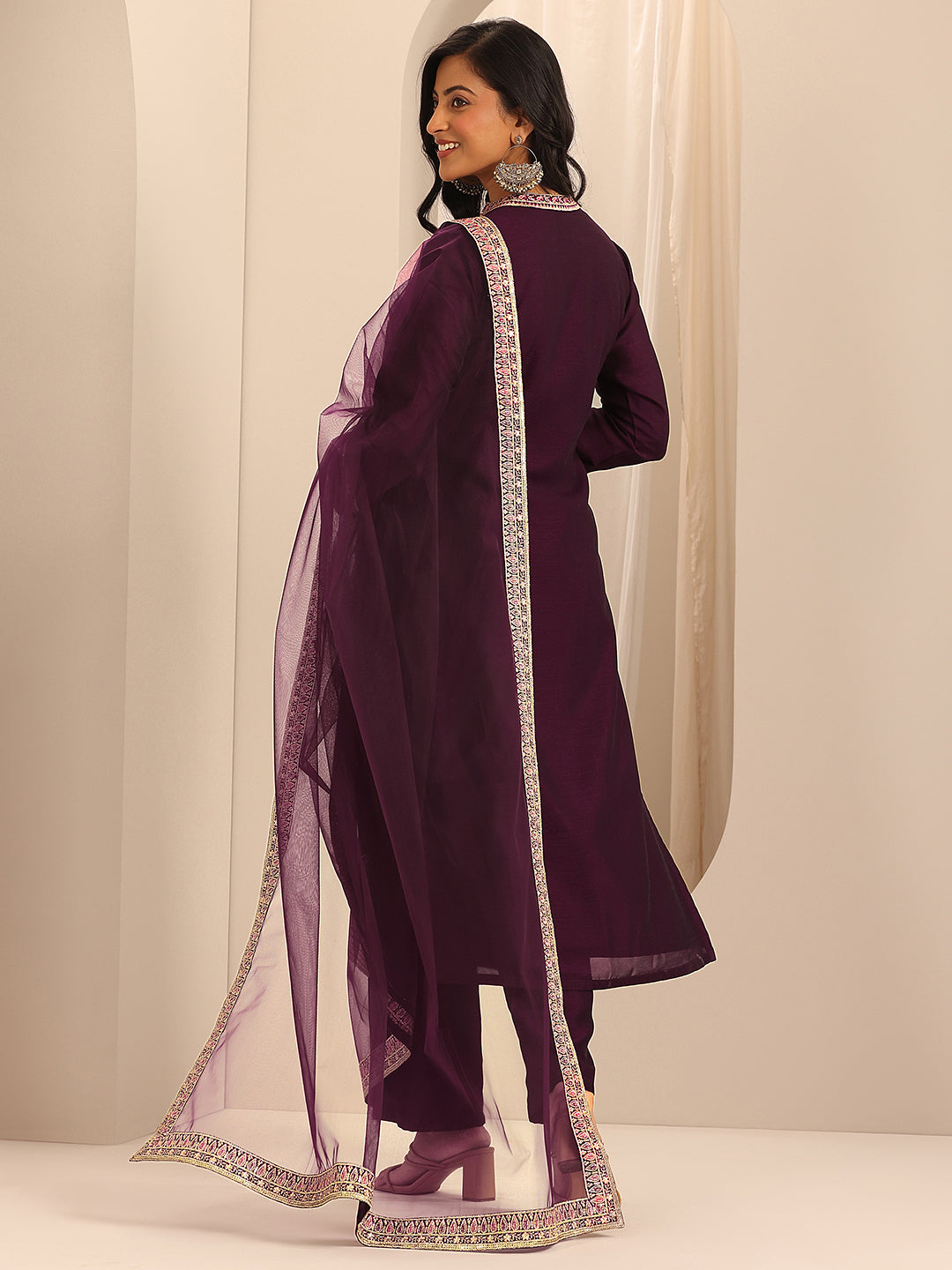 Libas Art Burgundy Embroidered Silk Blend Straight Suit Set With Dupatta
