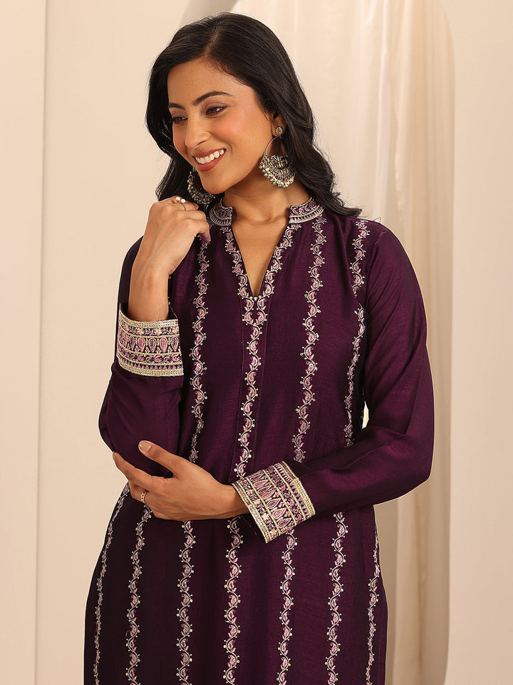 Libas Art Burgundy Embroidered Silk Blend Straight Suit Set With Dupatta