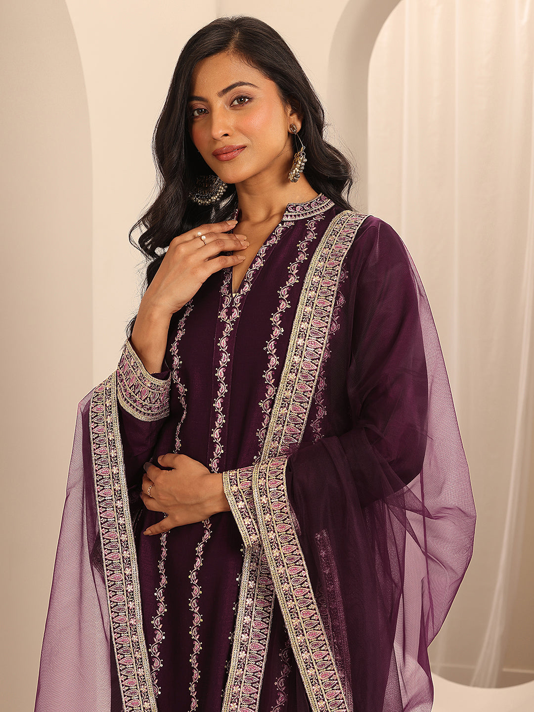 Libas Art Burgundy Embroidered Silk Blend Straight Suit Set With Dupatta