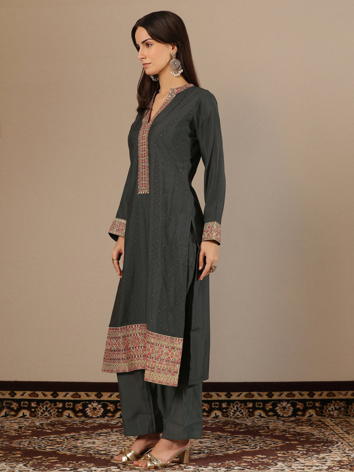 Grey Embellished Silk blend Straight Suit Set With Dupatta