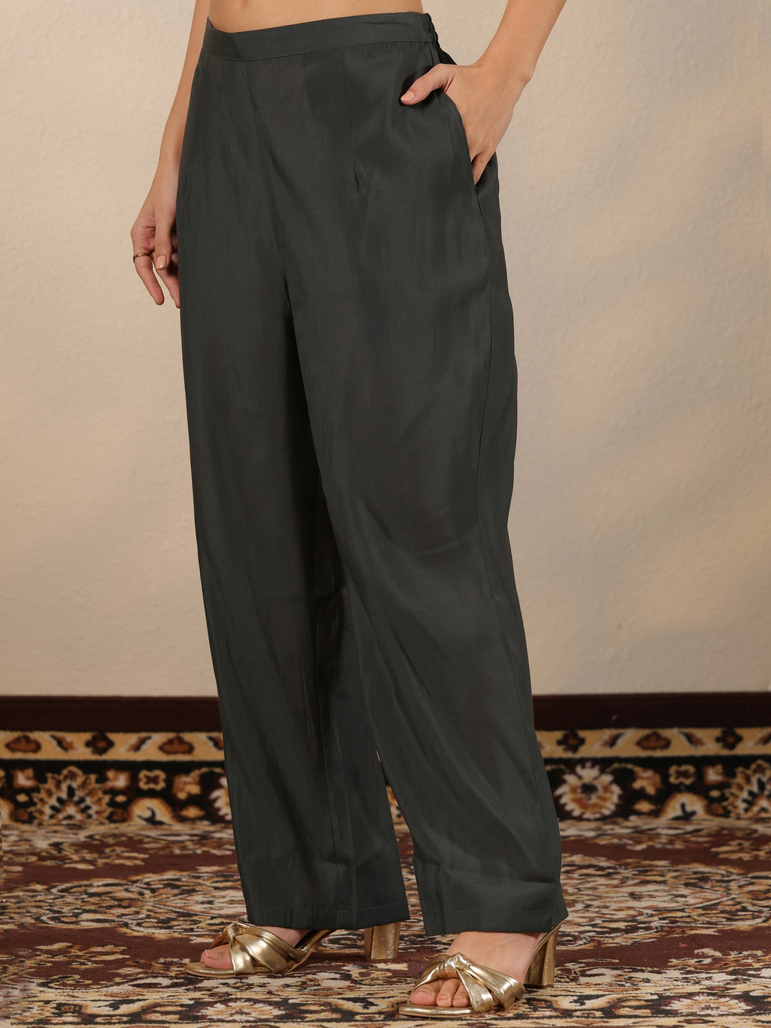 Grey Embellished Silk blend Straight Suit Set With Dupatta
