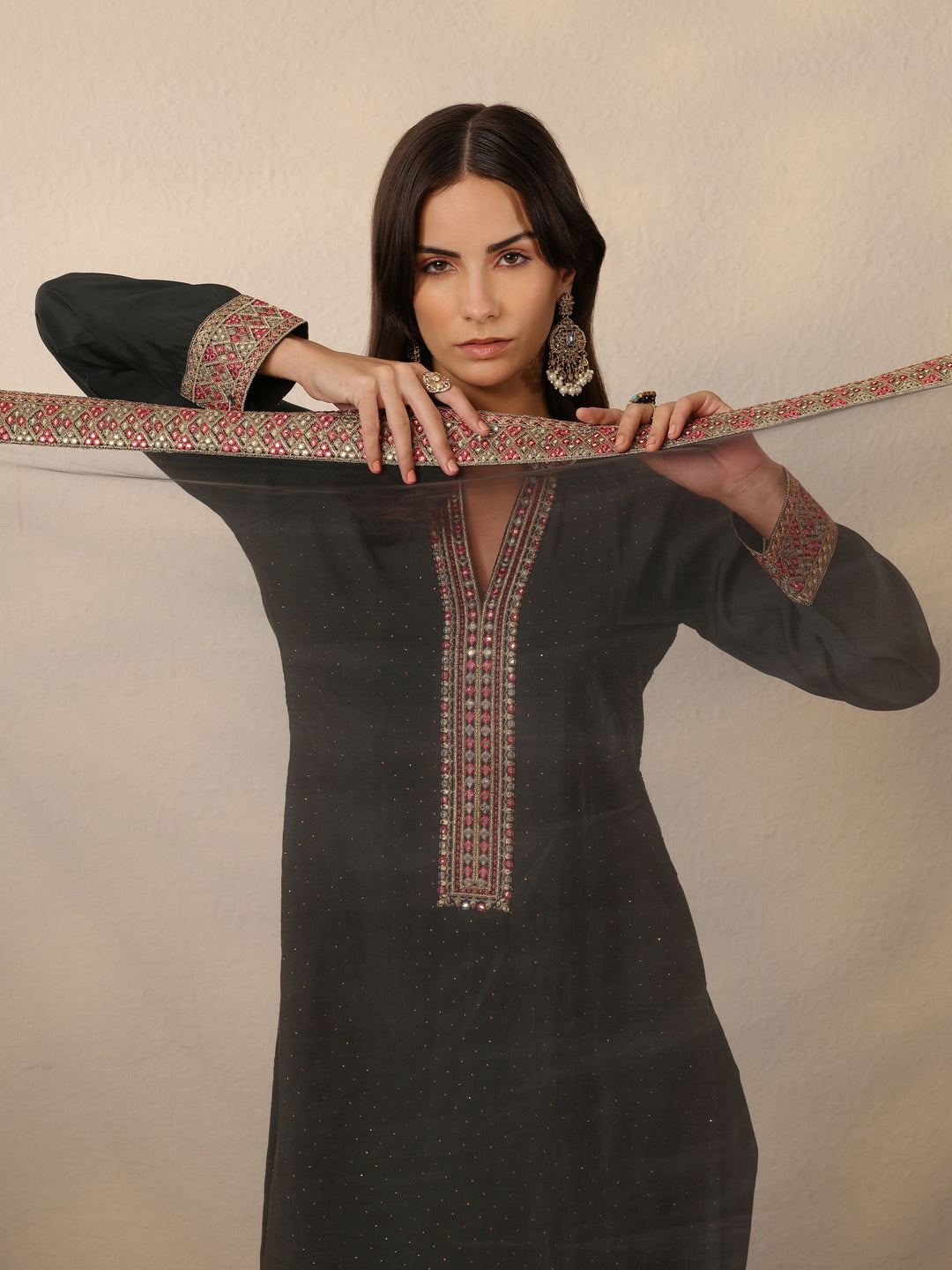Grey Embellished Silk blend Straight Suit Set With Dupatta