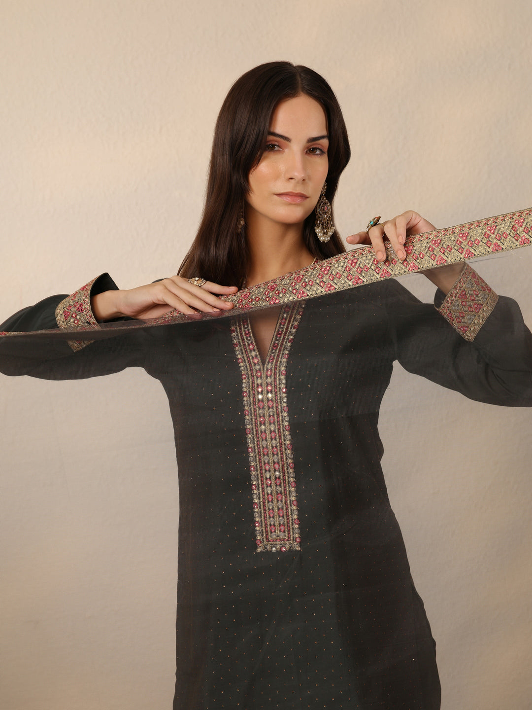 Grey Embellished Silk blend Straight Suit Set With Dupatta