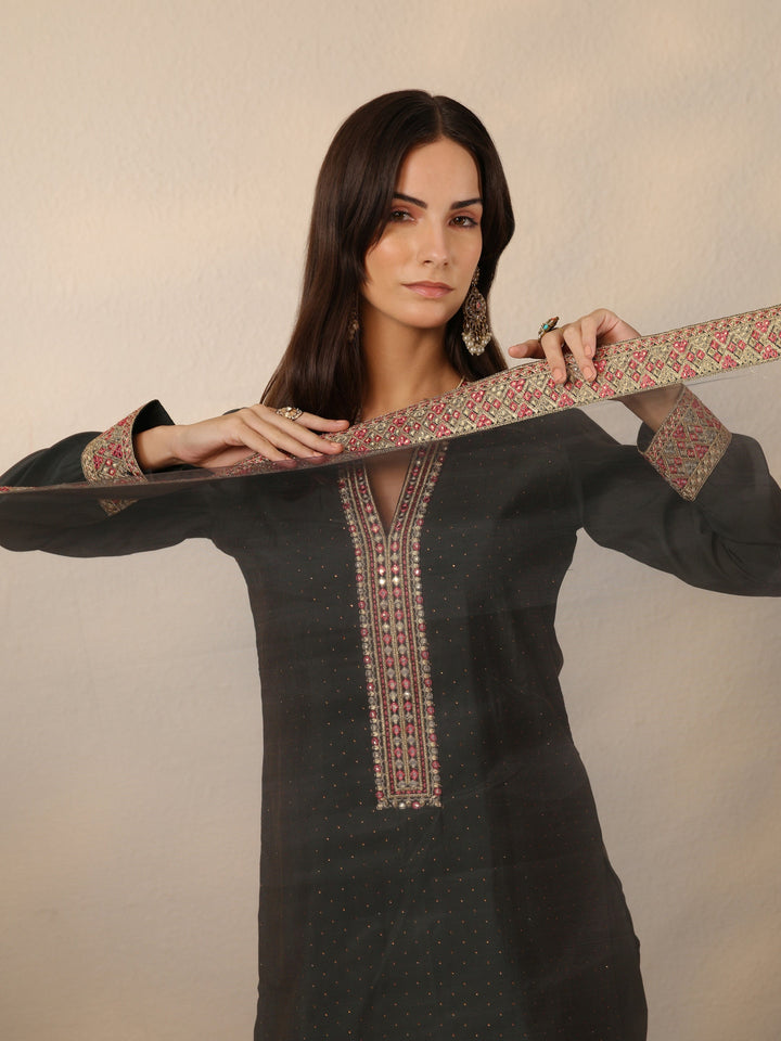 Grey Embellished Silk blend Straight Suit Set With Dupatta