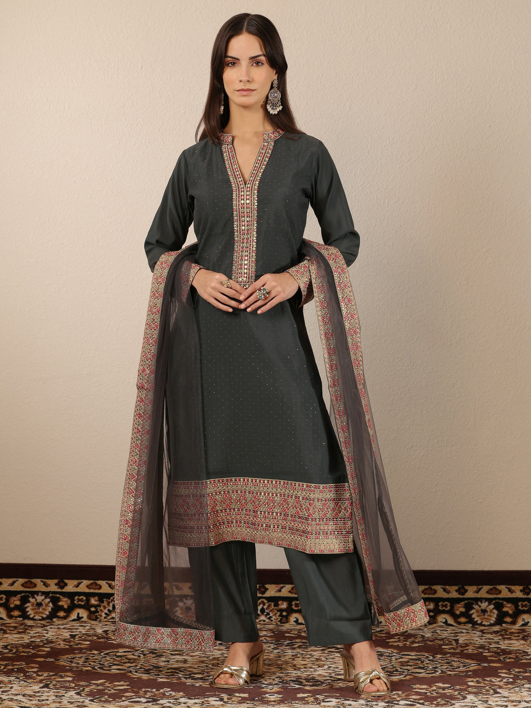 Libas Art Grey Embellished Silk Blend Straight Suit Set With Dupatta