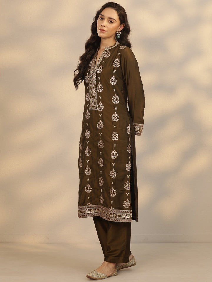 Libas Art Green Embroidered Silk Blend Straight Suit Set With Dupatta