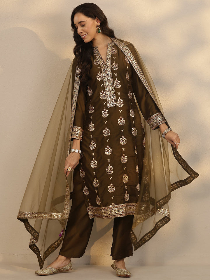 Libas Art Green Embroidered Silk Blend Straight Suit Set With Dupatta