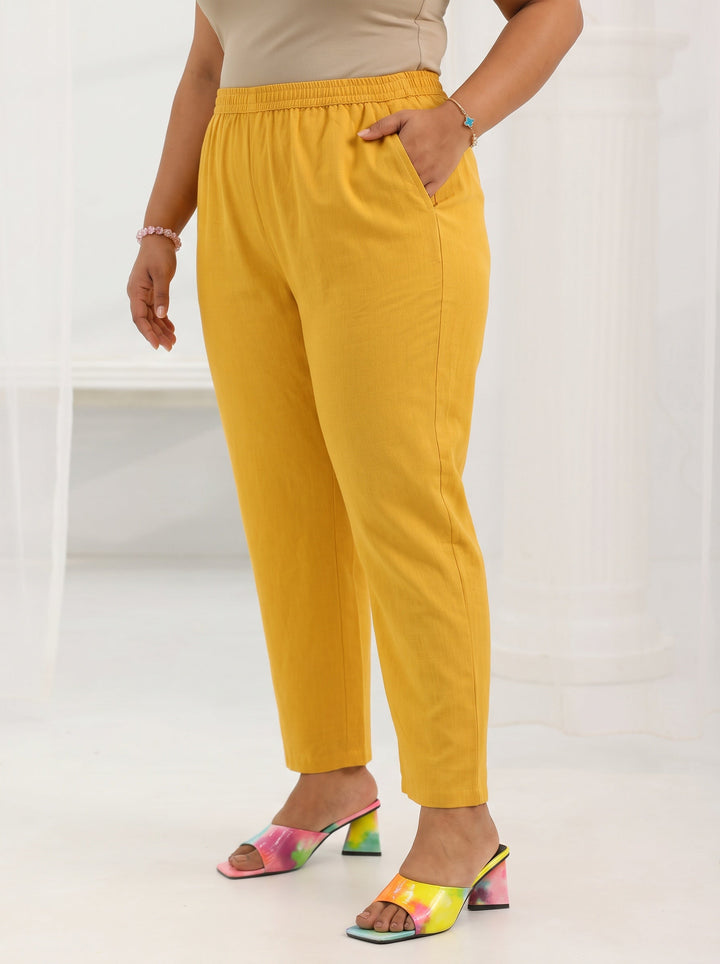 Plus Size Mustard Yoke Design Cotton Straight Suit Set With Dupatta