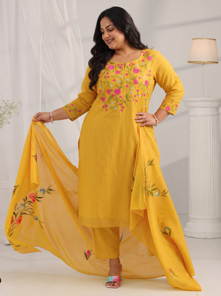 Plus Size Mustard Yoke Design Cotton Straight Suit Set With Dupatta