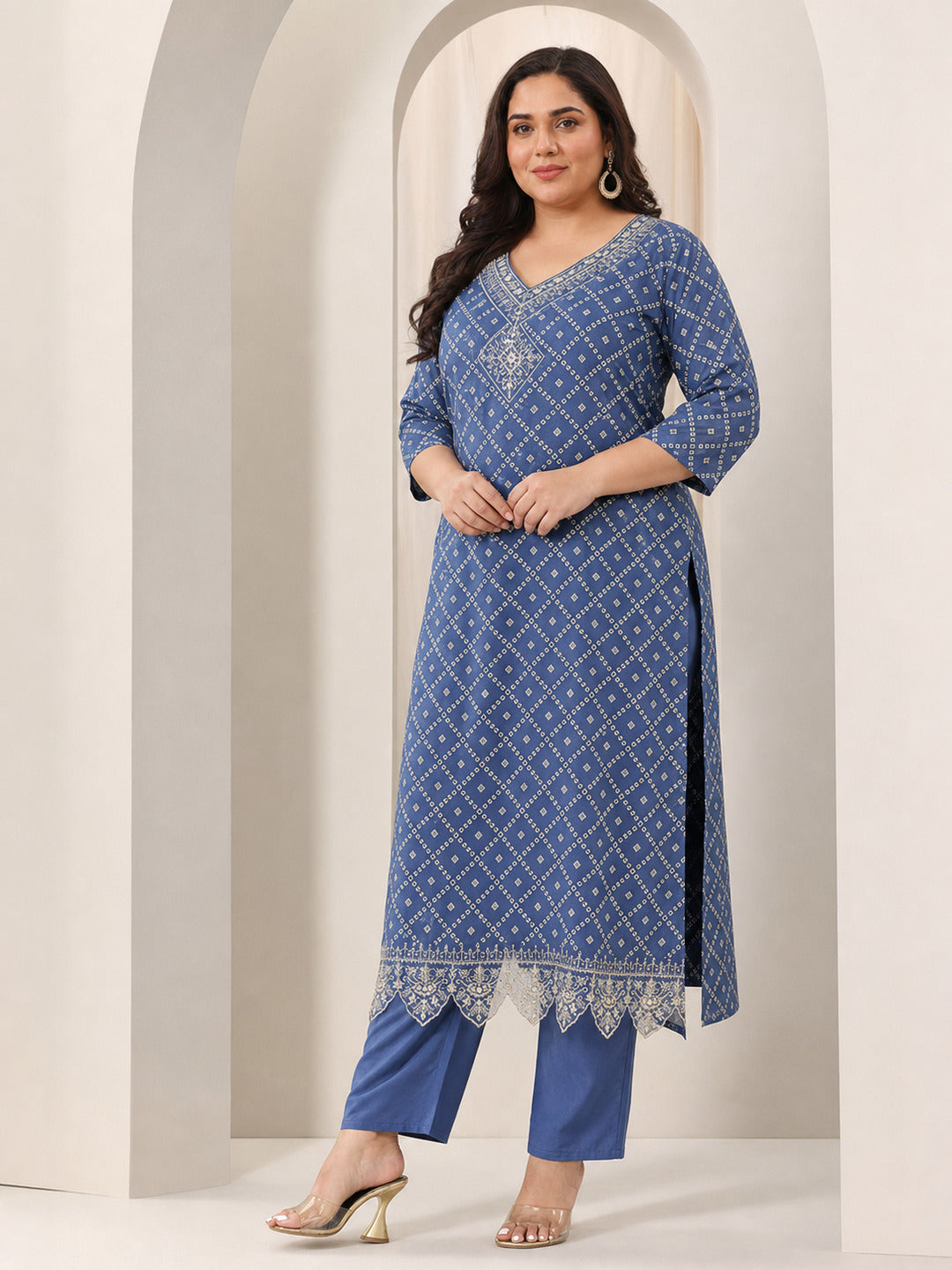 Plus Size Blue Printed Silk Blend Straight Suit Set With Dupatta