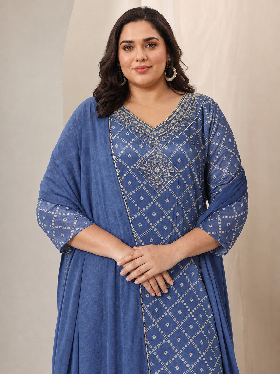 Plus Size Blue Printed Silk Blend Straight Suit Set With Dupatta