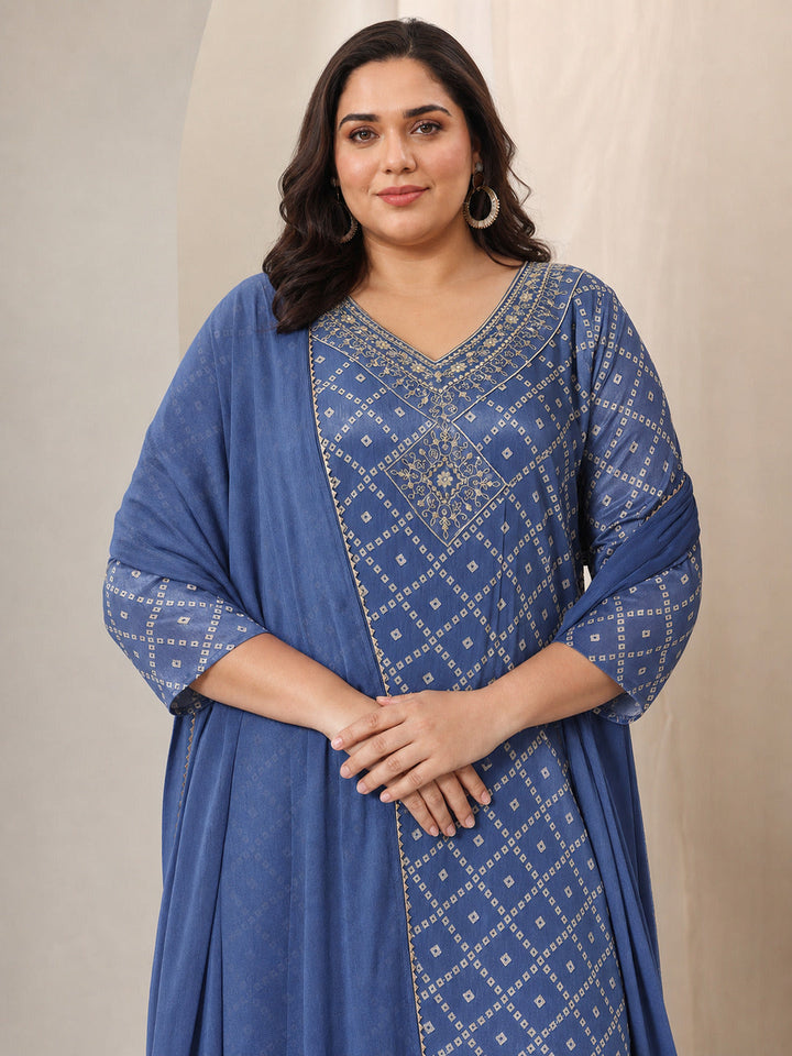 Plus Size Blue Printed Silk Blend Straight Suit Set With Dupatta