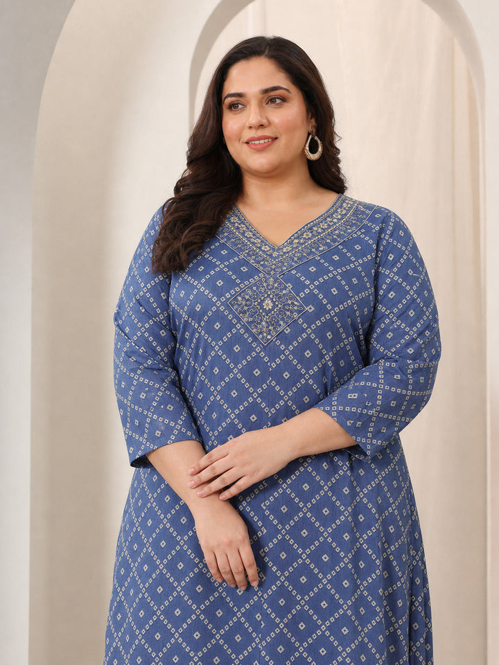 Plus Size Blue Printed Silk Blend Straight Suit Set With Dupatta