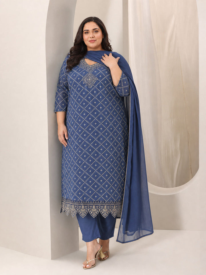 Plus Size Blue Printed Silk Blend Straight Suit Set With Dupatta