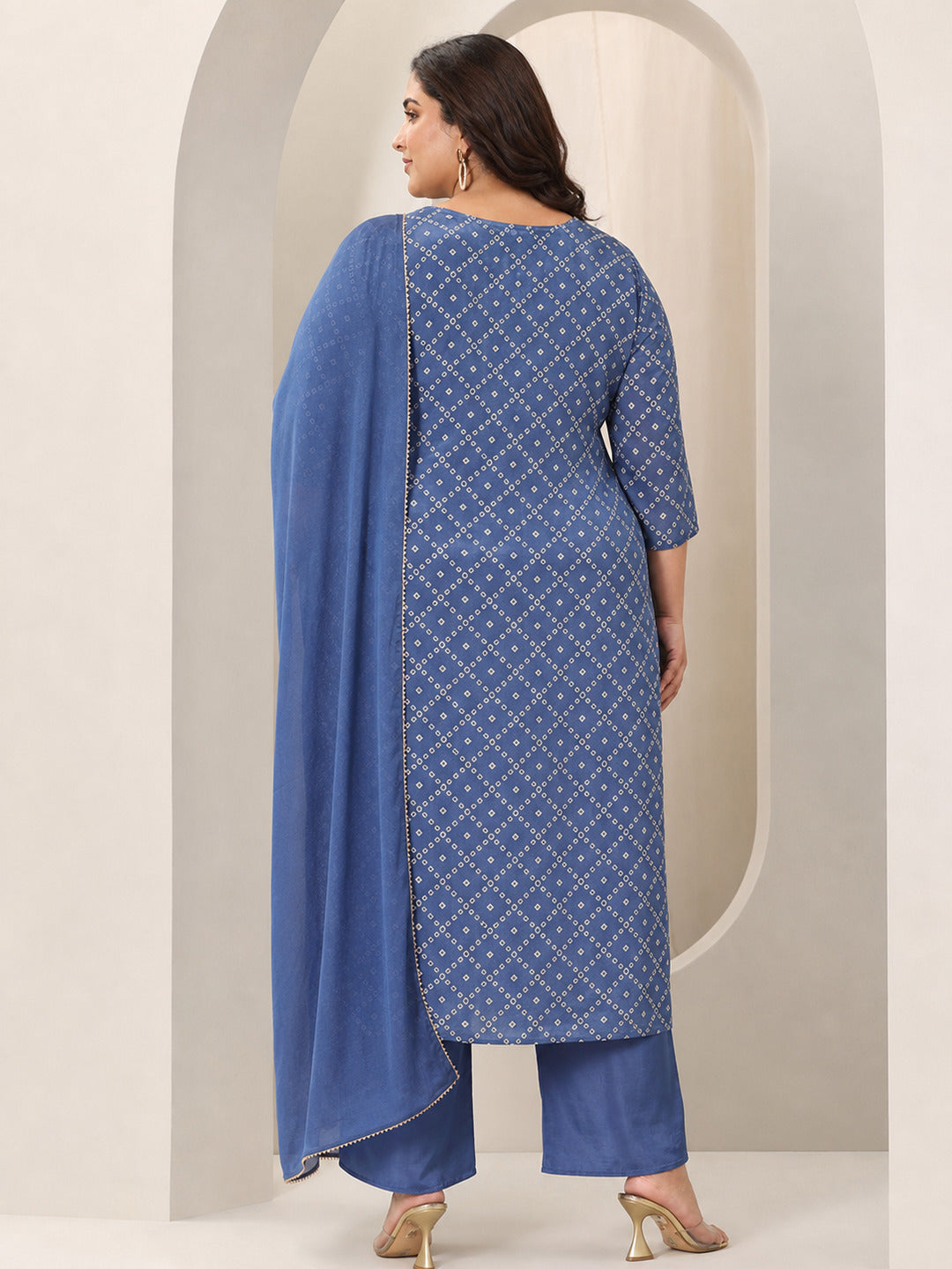 Plus Size Blue Printed Silk Blend Straight Suit Set With Dupatta