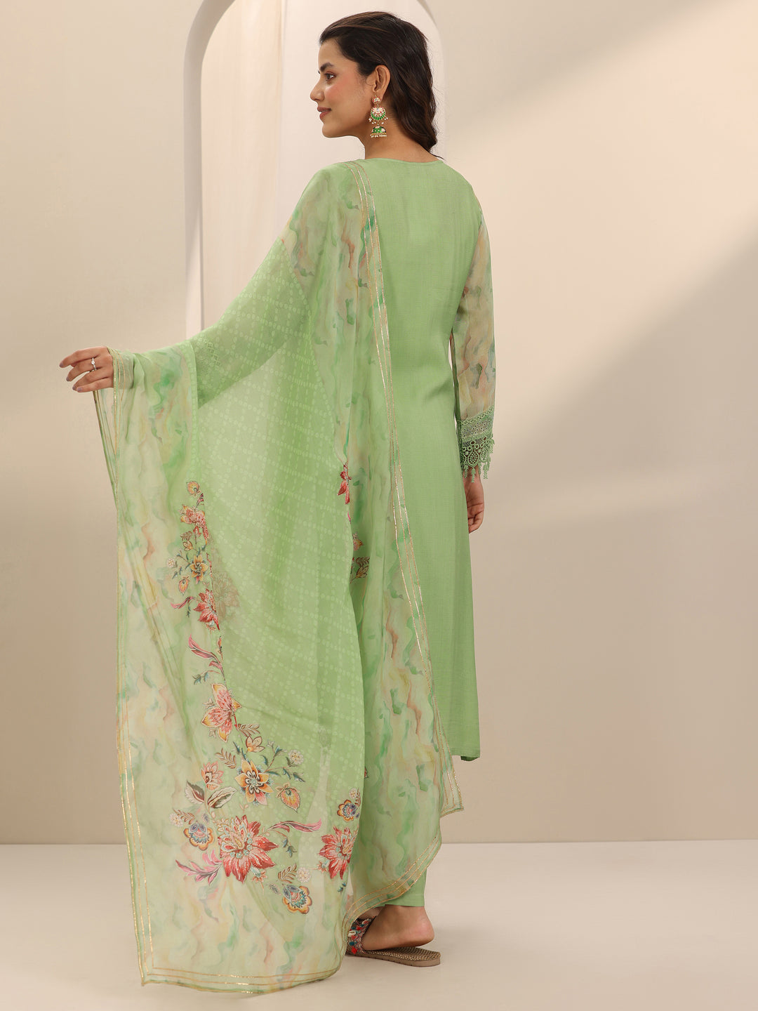 Green Printed Organza Straight Suit Set With Dupatta
