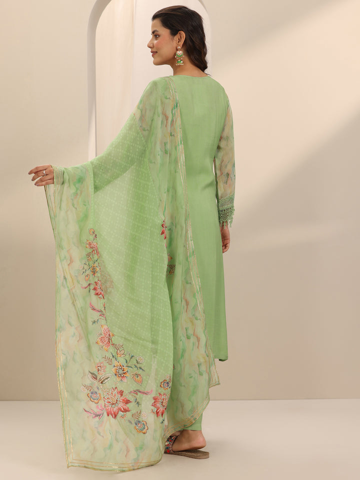 Green Printed Organza Straight Suit Set With Dupatta