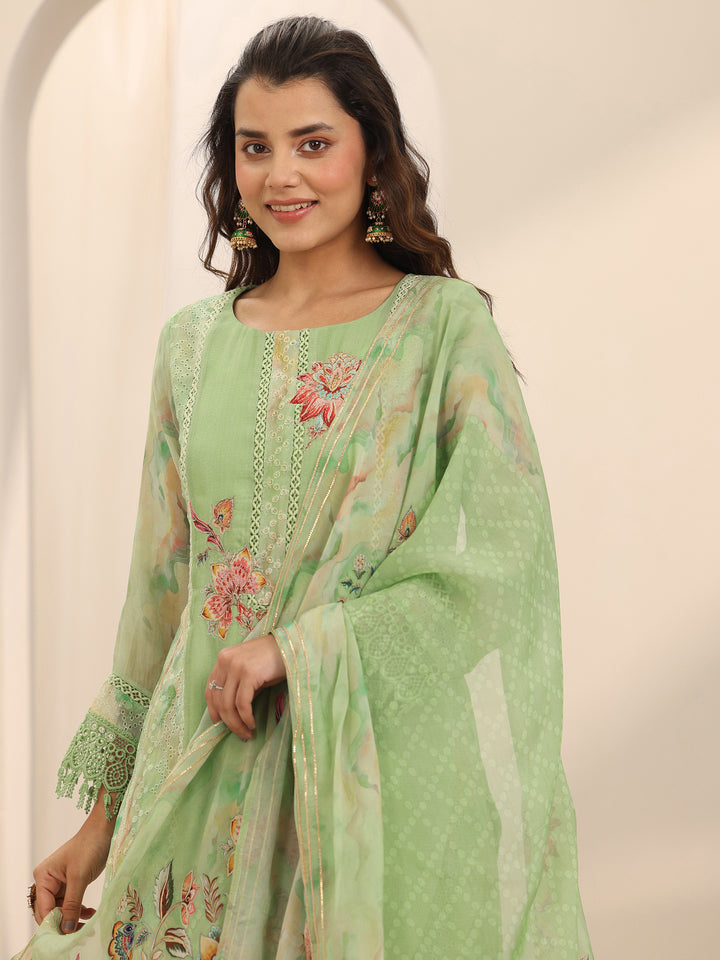 Green Printed Organza Straight Suit Set With Dupatta