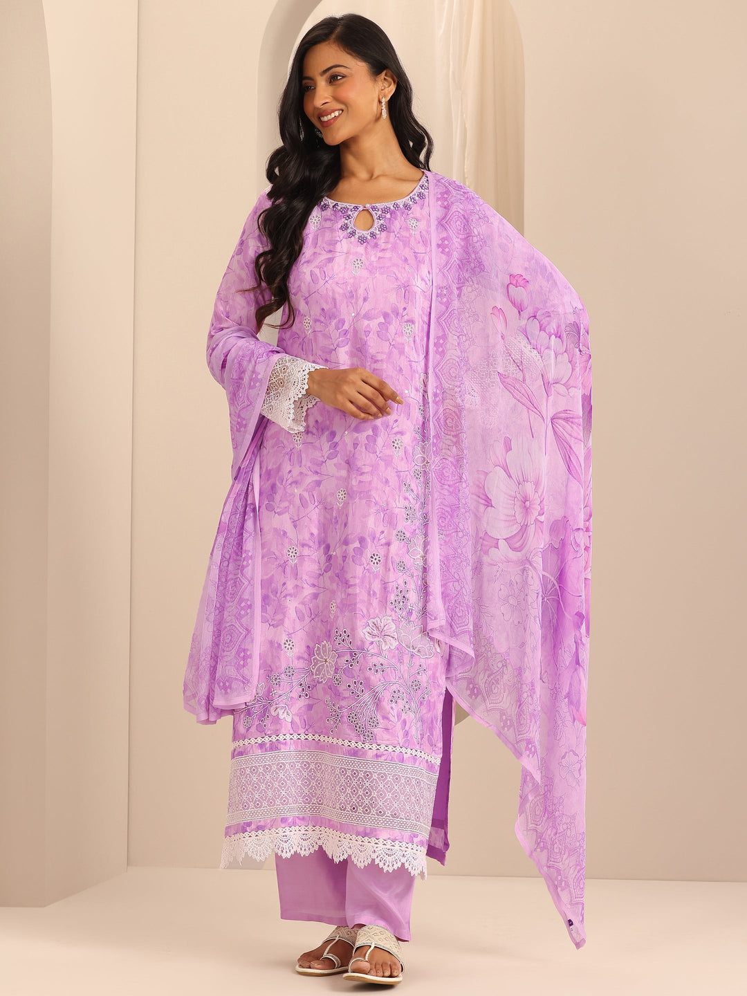 Libas Art Purple Embroidered Muslin Straight Suit Set With Dupatta