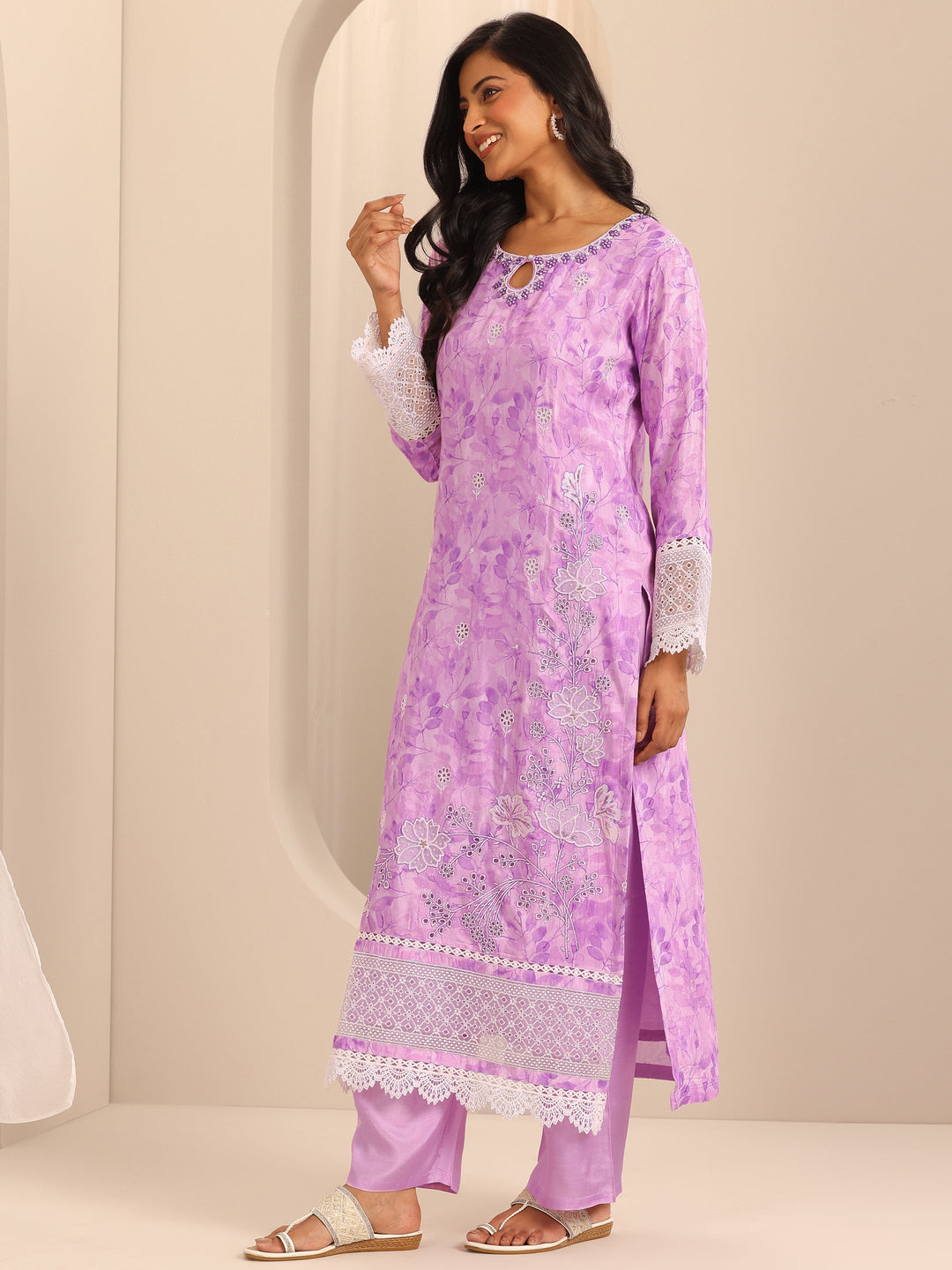 Libas Art Purple Embroidered Muslin Straight Suit Set With Dupatta