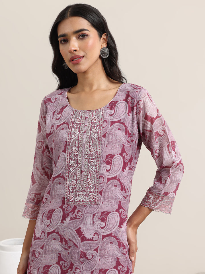 Pink Printed Linen Straight Suit With Dupatta
