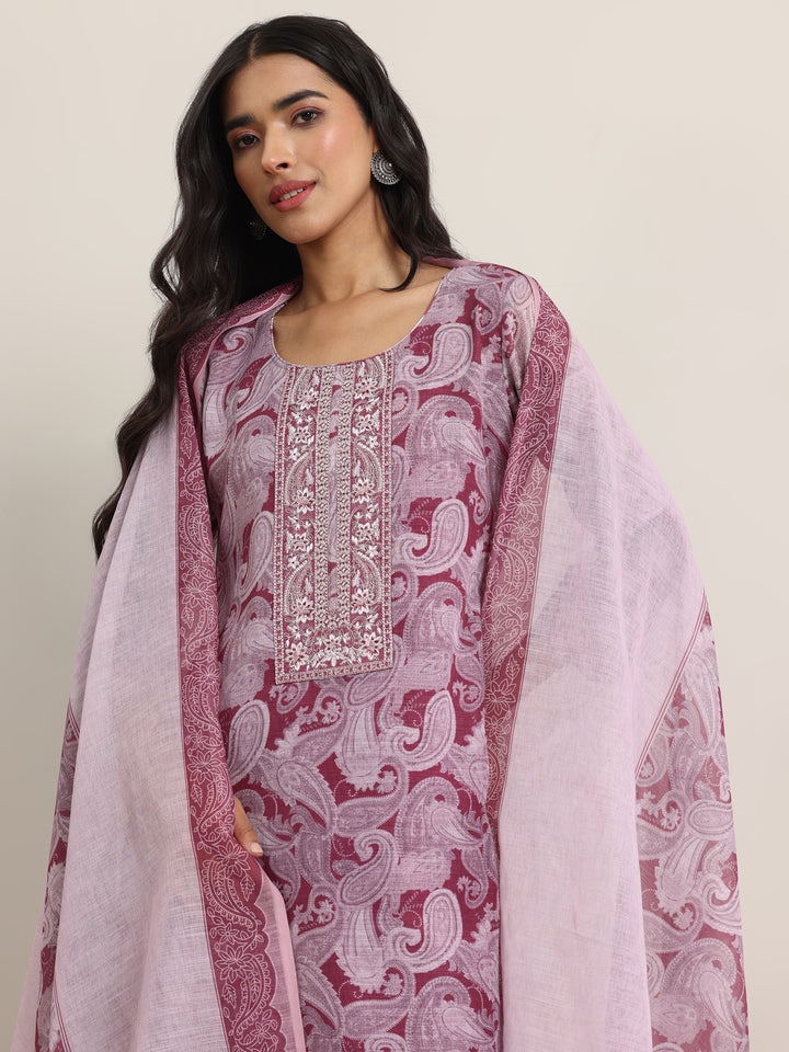 Pink Printed Linen Straight Suit With Dupatta