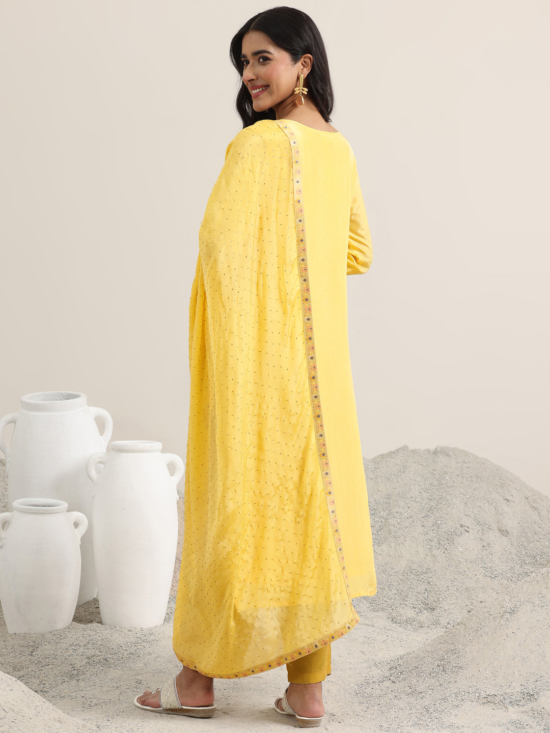Yellow Woven Design Silk Blend Straight Suit With Dupatta